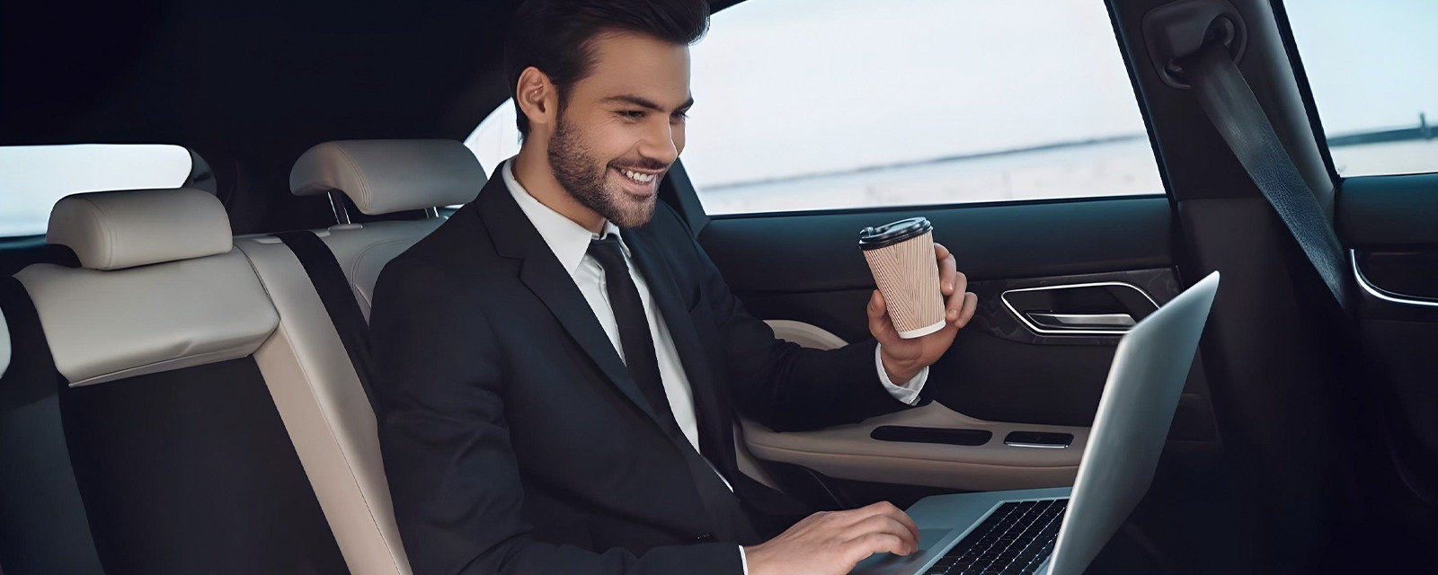 Luxury car back seat interior with water bottles
